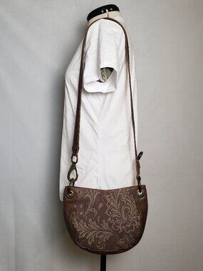 Fossil VTG Brown Leather Floral Tapestry Canvas Shoulder Bag 10"x8.5"